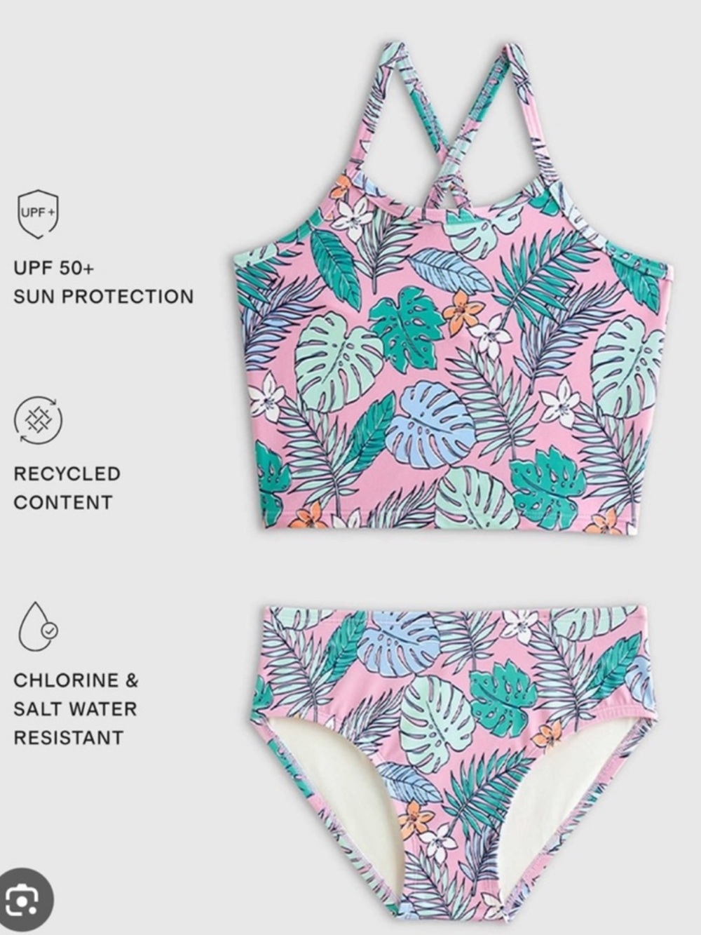 QUINCE 3 Piece Tankini Swimsuit & Rashguard Set Kid Size 7 Palm Print 7355
